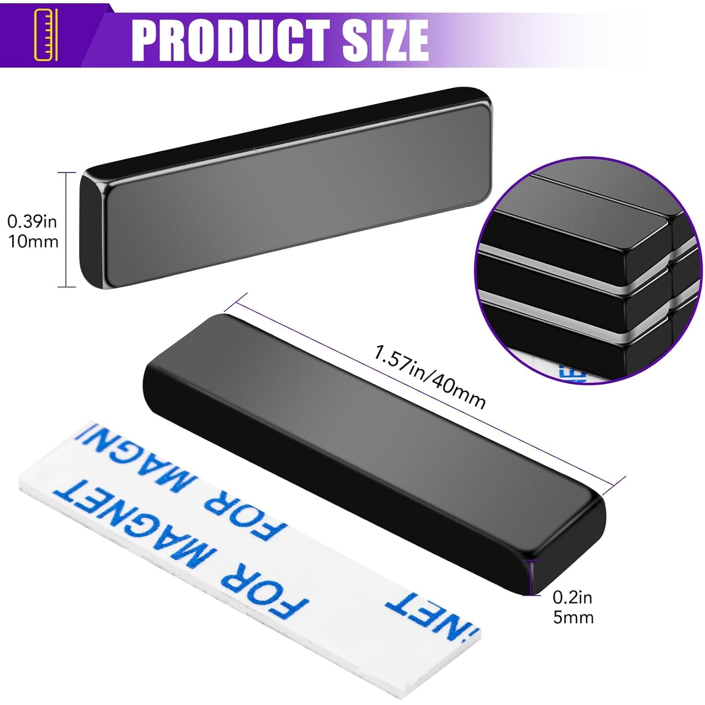 Magnets, 12 Pack Neodymium Bar Magnets with Double-Sided Adhesive, Strong Magnet Heavy Duty Magnetic Strips, Powerful Rare Earth Metal Magnet for Locker, Fridge, Office - 60x10x5 mm