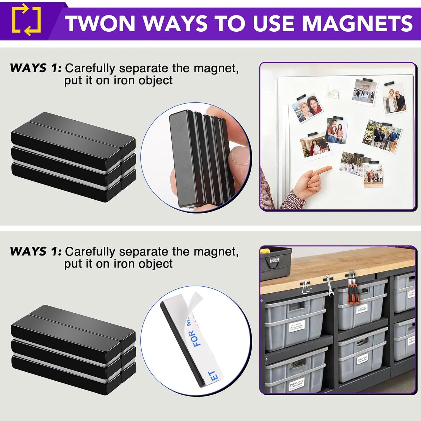 Magnets, 12 Pack Neodymium Bar Magnets with Double-Sided Adhesive, Strong Magnet Heavy Duty Magnetic Strips, Powerful Rare Earth Metal Magnet for Locker, Fridge, Office - 60x10x5 mm