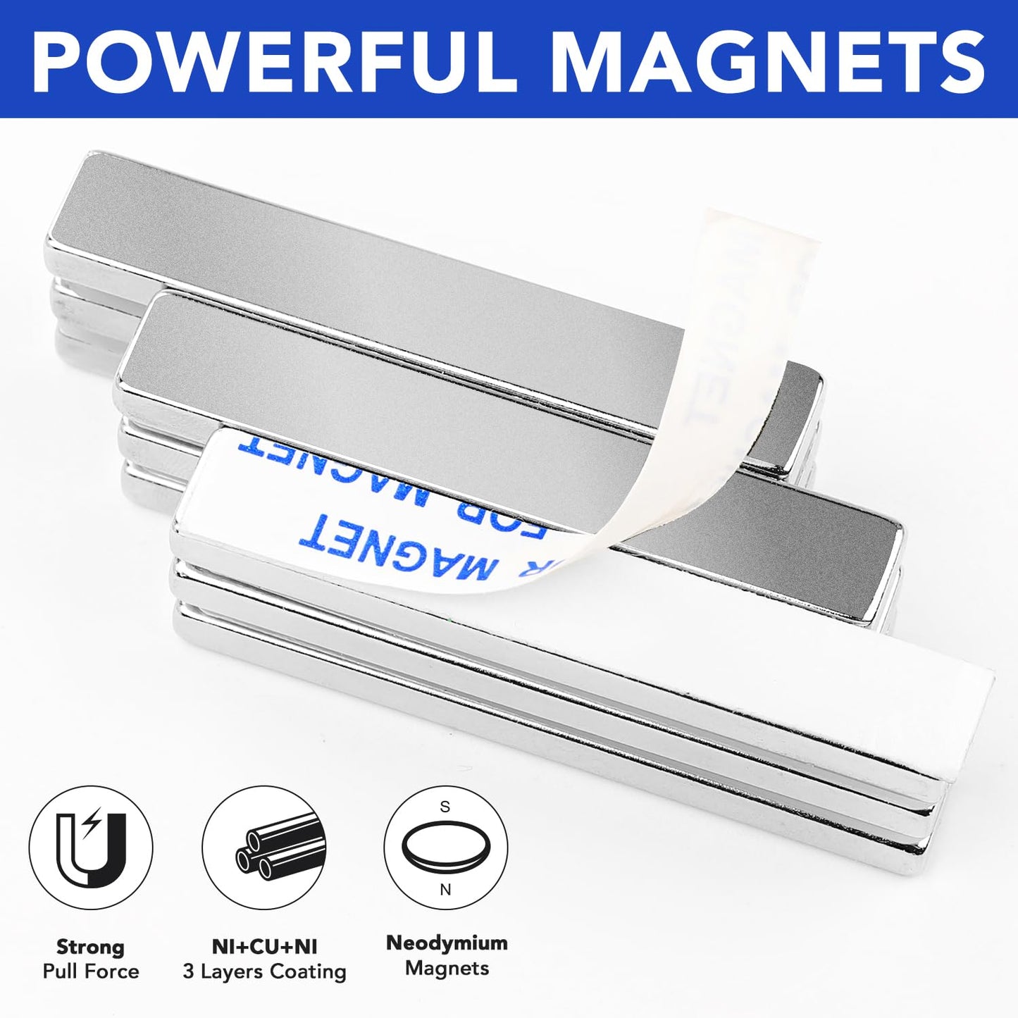 Magnets, 12 Pack Neodymium Bar Magnets with Double-Sided Adhesive, Strong Magnet Heavy Duty Magnetic Strips, Powerful Rare Earth Metal Magnet for Locker, Fridge, Office - 60x10x5 mm