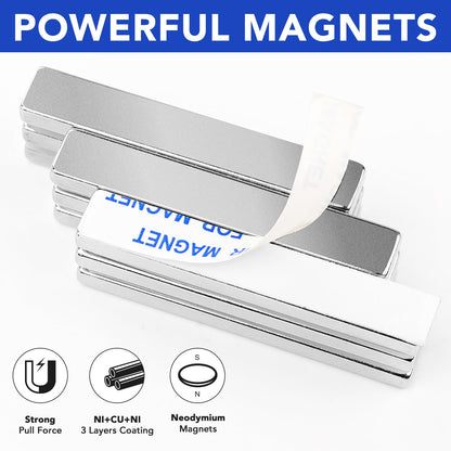 Magnets, 12 Pack Neodymium Bar Magnets with Double-Sided Adhesive, Strong Magnet Heavy Duty Magnetic Strips, Powerful Rare Earth Metal Magnet for Locker, Fridge, Office - 60x10x5 mm