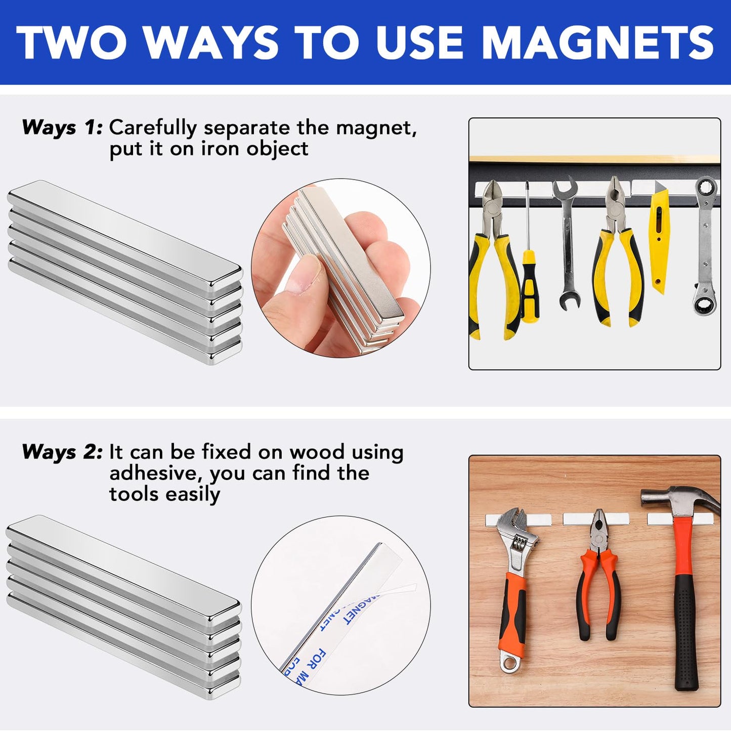 Magnets, 12 Pack Neodymium Bar Magnets with Double-Sided Adhesive, Strong Magnet Heavy Duty Magnetic Strips, Powerful Rare Earth Metal Magnet for Locker, Fridge, Office - 60x10x5 mm