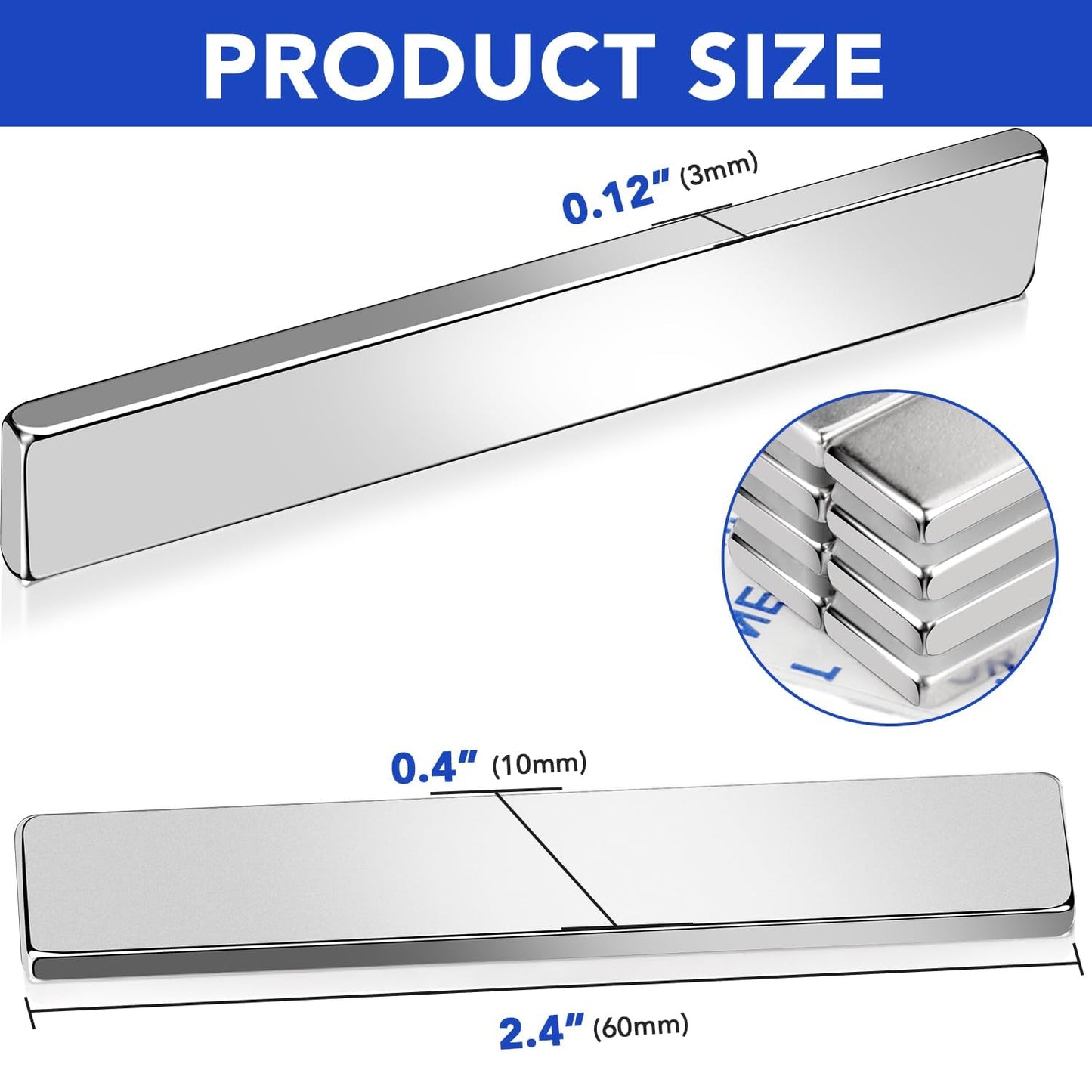 Magnets, 12 Pack Neodymium Bar Magnets with Double-Sided Adhesive, Strong Magnet Heavy Duty Magnetic Strips, Powerful Rare Earth Metal Magnet for Locker, Fridge, Office - 60x10x5 mm