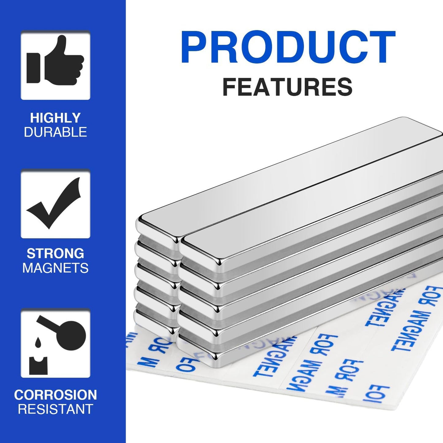 Magnets, 12 Pack Neodymium Bar Magnets with Double-Sided Adhesive, Strong Magnet Heavy Duty Magnetic Strips, Powerful Rare Earth Metal Magnet for Locker, Fridge, Office - 60x10x5 mm