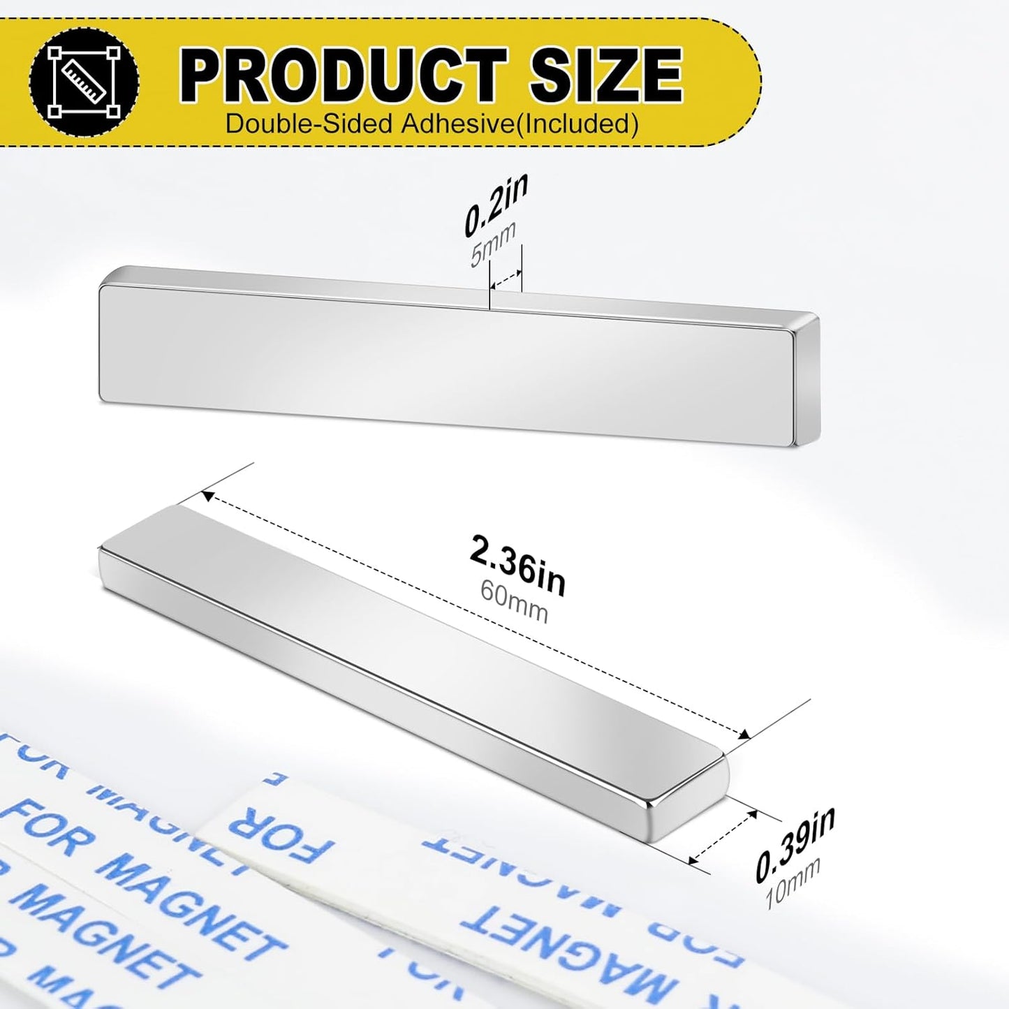 Magnets, 12 Pack Neodymium Bar Magnets with Double-Sided Adhesive, Strong Magnet Heavy Duty Magnetic Strips, Powerful Rare Earth Metal Magnet for Locker, Fridge, Office - 60x10x5 mm