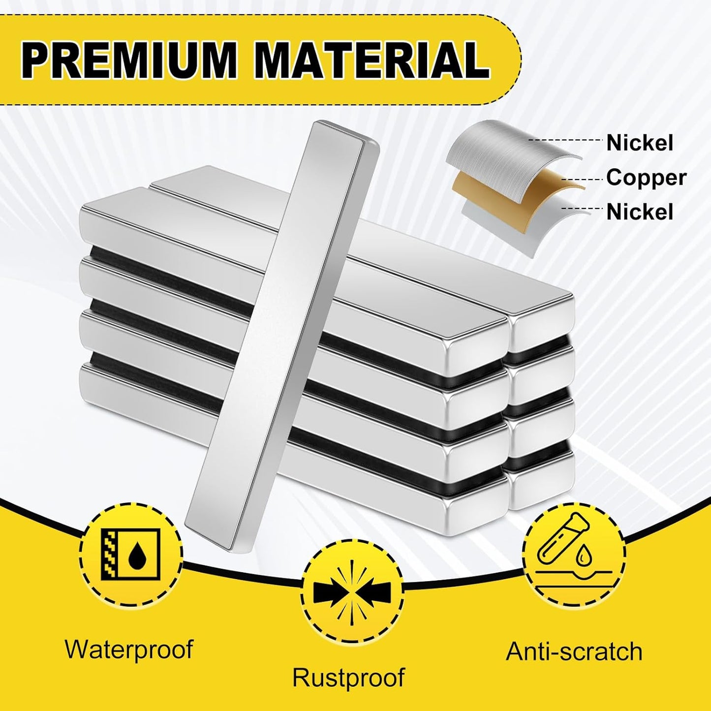 Magnets, 12 Pack Neodymium Bar Magnets with Double-Sided Adhesive, Strong Magnet Heavy Duty Magnetic Strips, Powerful Rare Earth Metal Magnet for Locker, Fridge, Office - 60x10x5 mm