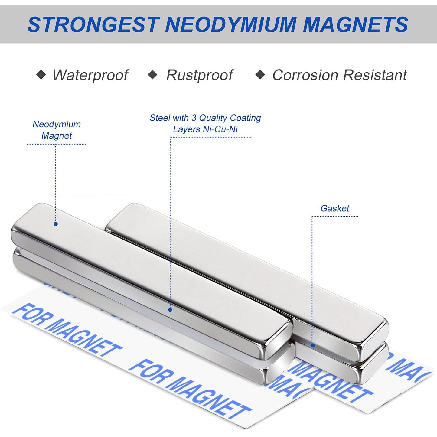 Magnets, 12 Pack Neodymium Bar Magnets with Double-Sided Adhesive, Strong Magnet Heavy Duty Magnetic Strips, Powerful Rare Earth Metal Magnet for Locker, Fridge, Office - 60x10x5 mm