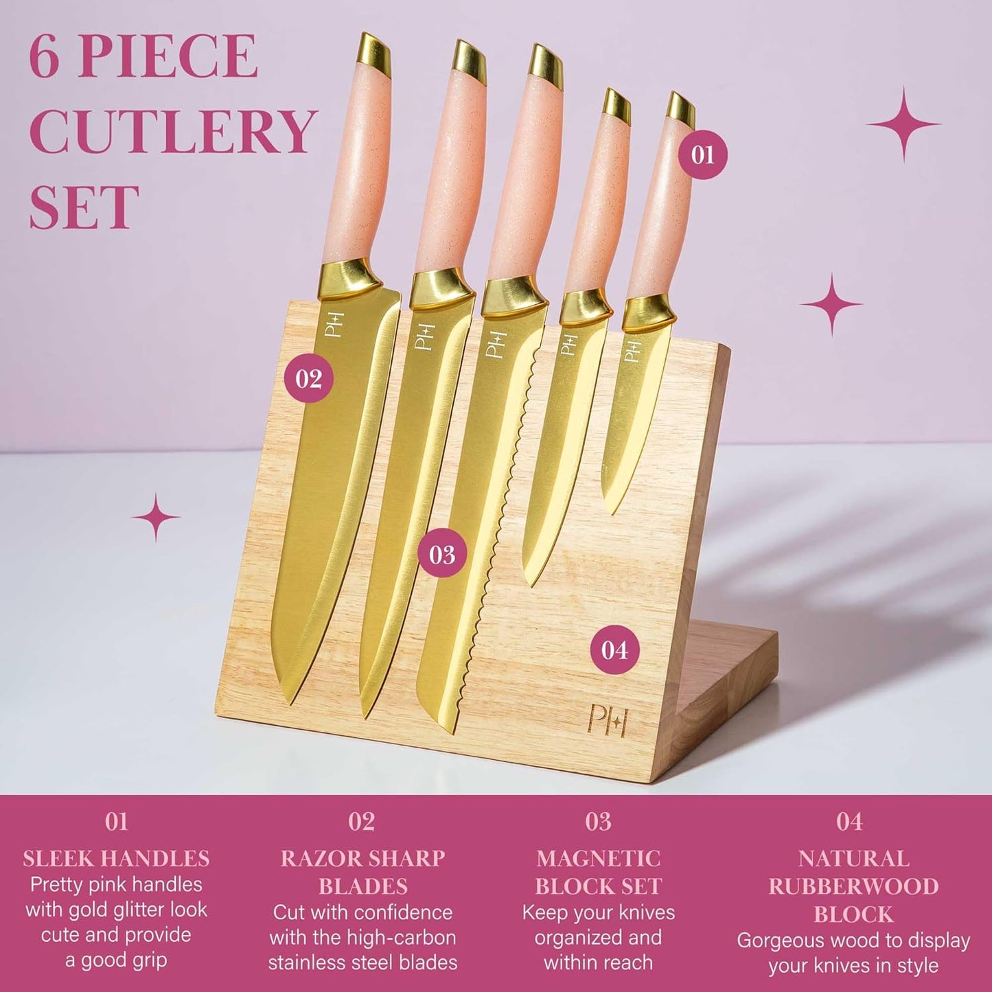 Paris Hilton Knife Block Set with Magnetic Wooden Knife Block, High Carbon Stainless Steel Blades with Titanium Coating, Sleek Comfortable Grip Handles, 6-Piece Set, Pink and Gold