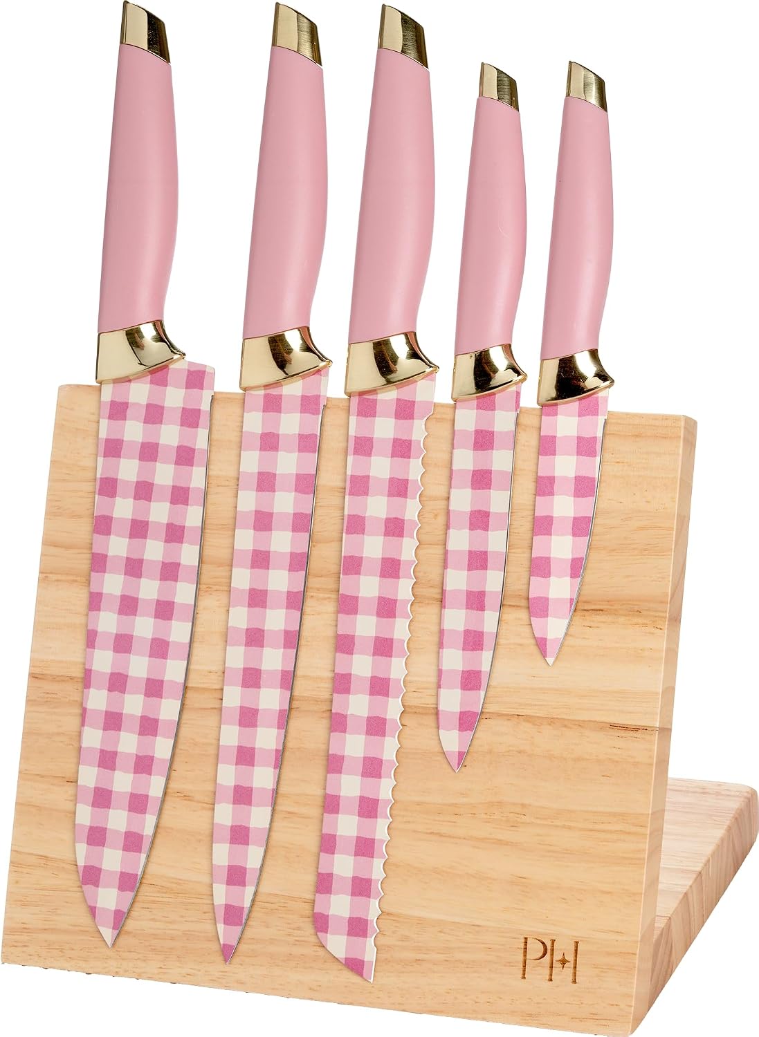 Paris Hilton Knife Block Set with Magnetic Wooden Knife Block, High Carbon Stainless Steel Blades with Titanium Coating, Sleek Comfortable Grip Handles, 6-Piece Set, Pink and Gold