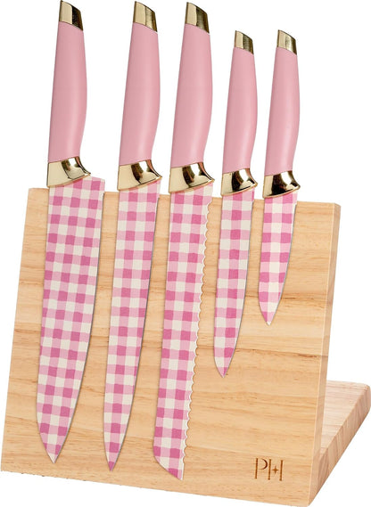 Paris Hilton Knife Block Set with Magnetic Wooden Knife Block, High Carbon Stainless Steel Blades with Titanium Coating, Sleek Comfortable Grip Handles, 6-Piece Set, Pink and Gold