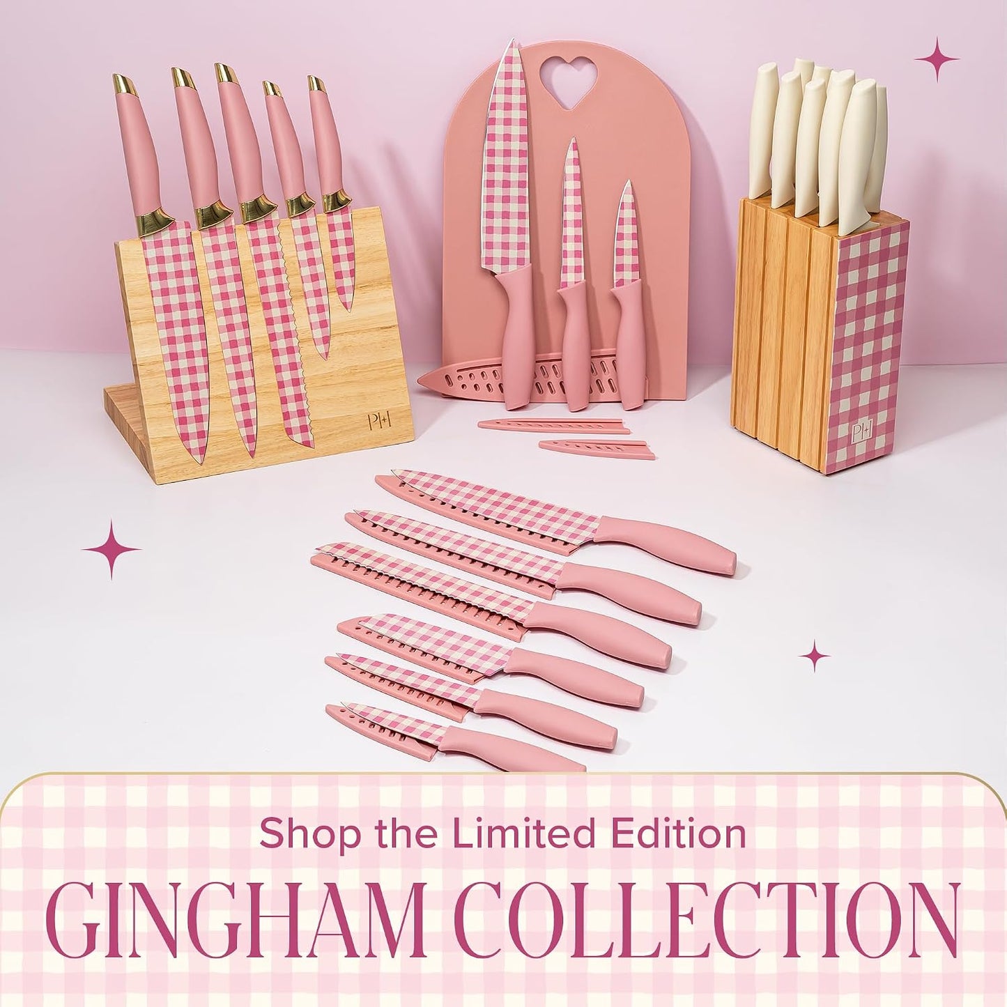 Paris Hilton Knife Block Set with Magnetic Wooden Knife Block, High Carbon Stainless Steel Blades with Titanium Coating, Sleek Comfortable Grip Handles, 6-Piece Set, Pink and Gold