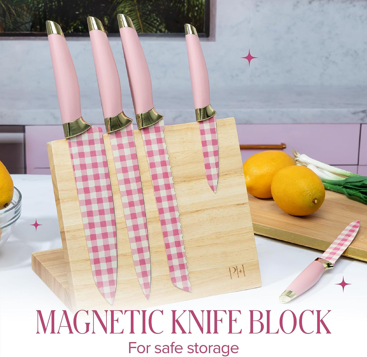 Paris Hilton Knife Block Set with Magnetic Wooden Knife Block, High Carbon Stainless Steel Blades with Titanium Coating, Sleek Comfortable Grip Handles, 6-Piece Set, Pink and Gold