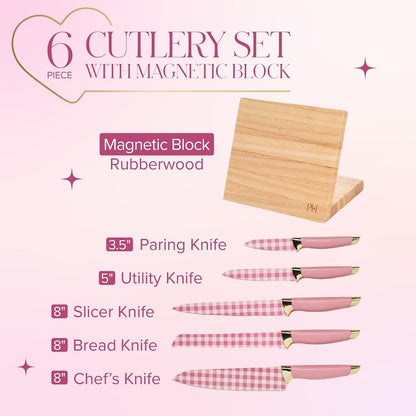 Paris Hilton Knife Block Set with Magnetic Wooden Knife Block, High Carbon Stainless Steel Blades with Titanium Coating, Sleek Comfortable Grip Handles, 6-Piece Set, Pink and Gold