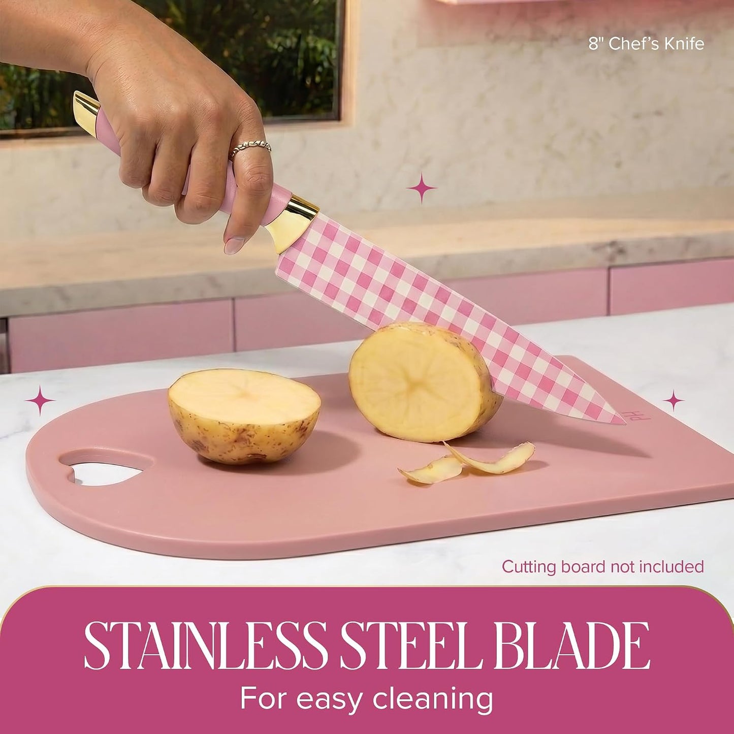 Paris Hilton Knife Block Set with Magnetic Wooden Knife Block, High Carbon Stainless Steel Blades with Titanium Coating, Sleek Comfortable Grip Handles, 6-Piece Set, Pink and Gold