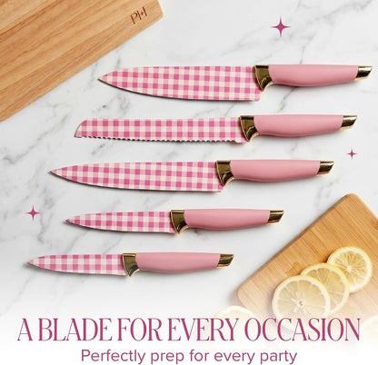 Paris Hilton Knife Block Set with Magnetic Wooden Knife Block, High Carbon Stainless Steel Blades with Titanium Coating, Sleek Comfortable Grip Handles, 6-Piece Set, Pink and Gold