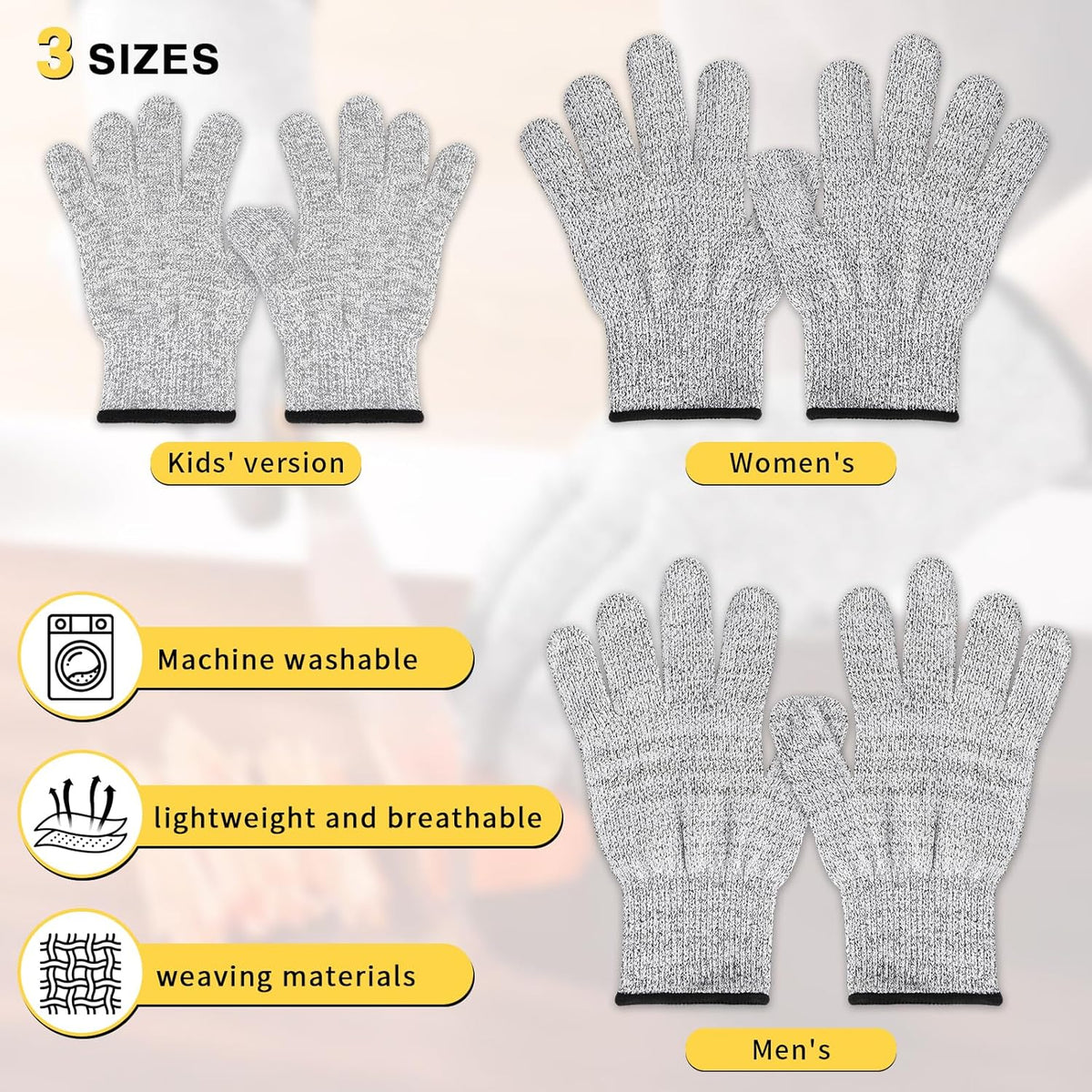 Cut Resistant Gloves, Level 5, Non-Slip Grip, Machine Washable, for Kitchen, Oyster Shucking, Woodworking