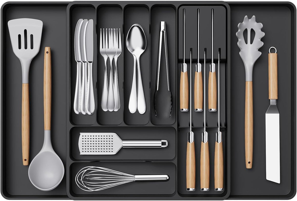 Silverware Organizer for Kitchen Drawers, Expandable Utensil Tray with Removable Knife Block, Adjustable Cutlery and Flatware Holder, Plastic Spoon Forks Holder Storage Divider, Gray