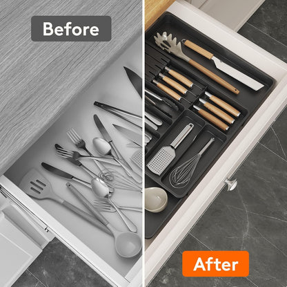 Silverware Organizer for Kitchen Drawers, Expandable Utensil Tray with Removable Knife Block, Adjustable Cutlery and Flatware Holder, Plastic Spoon Forks Holder Storage Divider, Gray