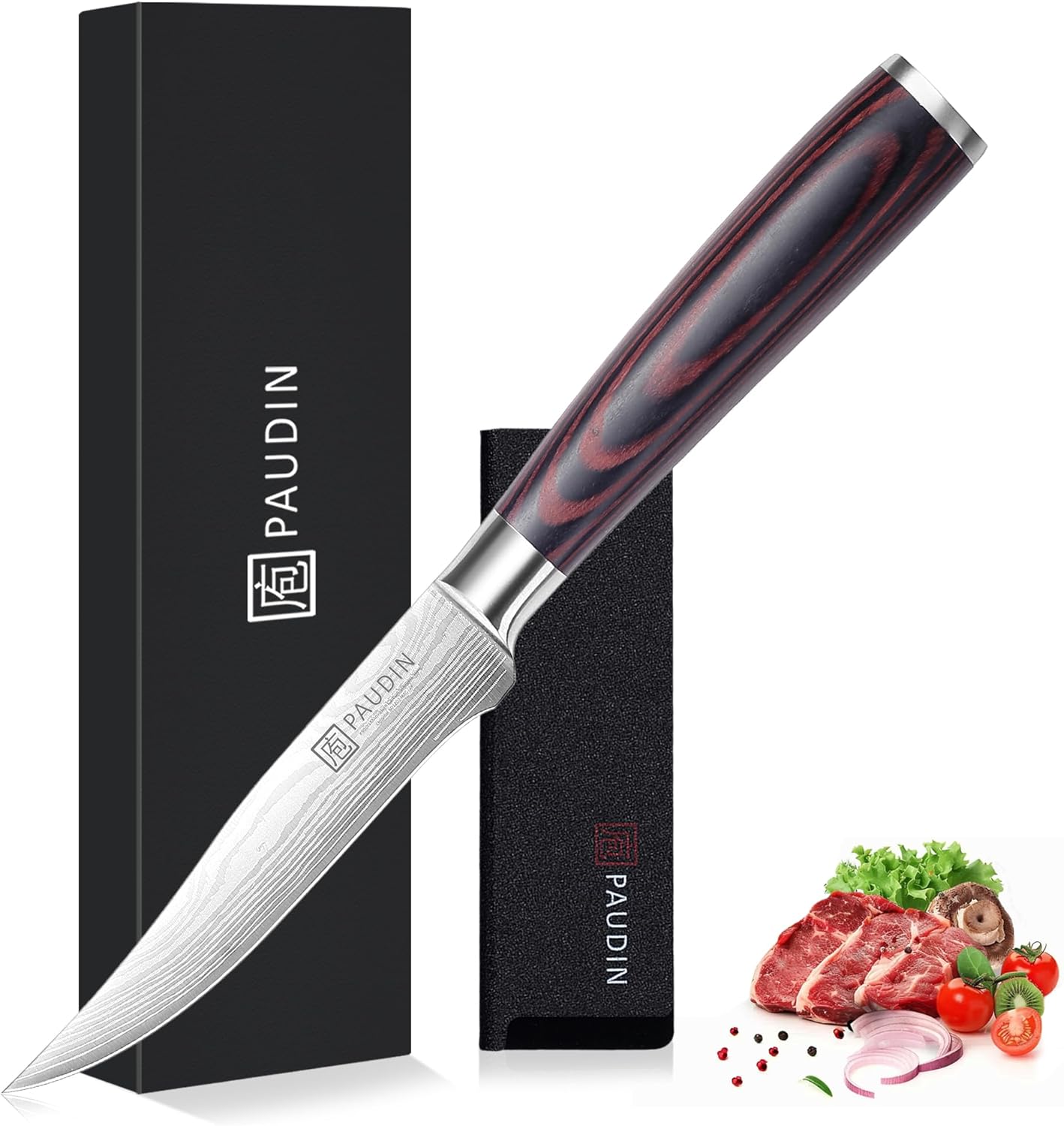 Utility Knife 5 Inch Kitchen Knife, Ultra Sharp High Carbon Stainless Steel Small Chef Knife with Sheath, Kitchen Utility Knife with Ergonomic Pakkawood Handle
