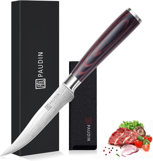 Utility Knife 5 Inch Kitchen Knife, Ultra Sharp High Carbon Stainless Steel Small Chef Knife with Sheath, Kitchen Utility Knife with Ergonomic Pakkawood Handle