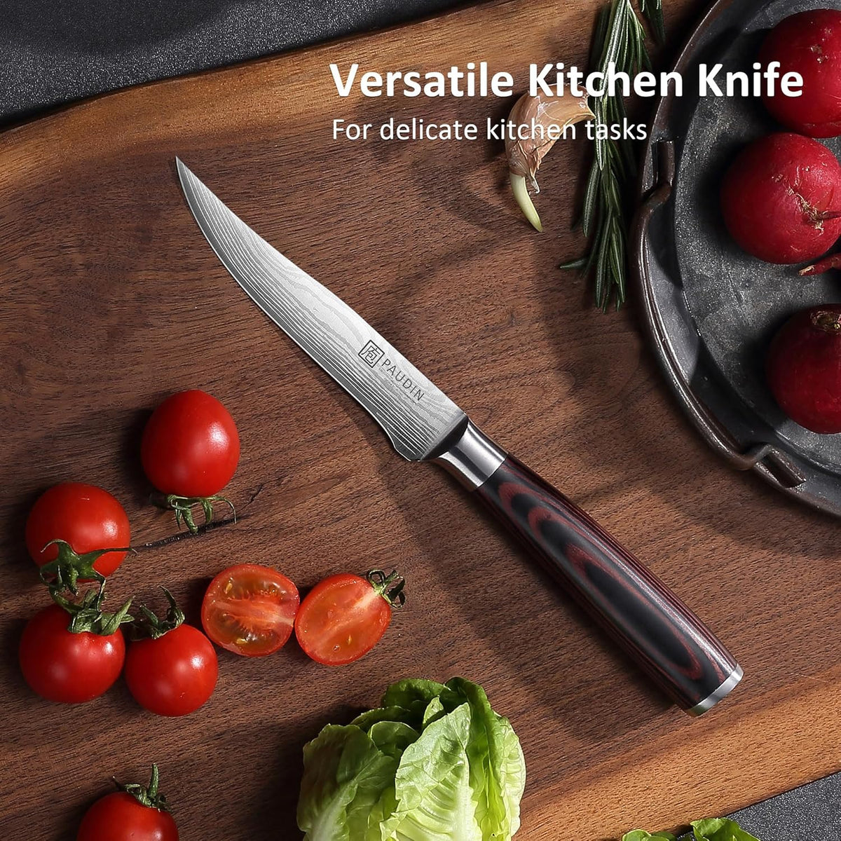 Utility Knife 5 Inch Kitchen Knife, Ultra Sharp High Carbon Stainless Steel Small Chef Knife with Sheath, Kitchen Utility Knife with Ergonomic Pakkawood Handle
