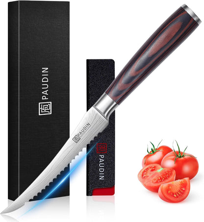 Utility Knife 5 Inch Kitchen Knife, Ultra Sharp High Carbon Stainless Steel Small Chef Knife with Sheath, Kitchen Utility Knife with Ergonomic Pakkawood Handle
