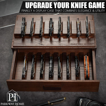 Pocket Knife Display Case for 16 Knives - Wooden Knife Collection Case Clear Cover - Two-Tier Knife Cases for Collections with a Removable Drawer Insert for Other EDC Items, EDC Case - Brown