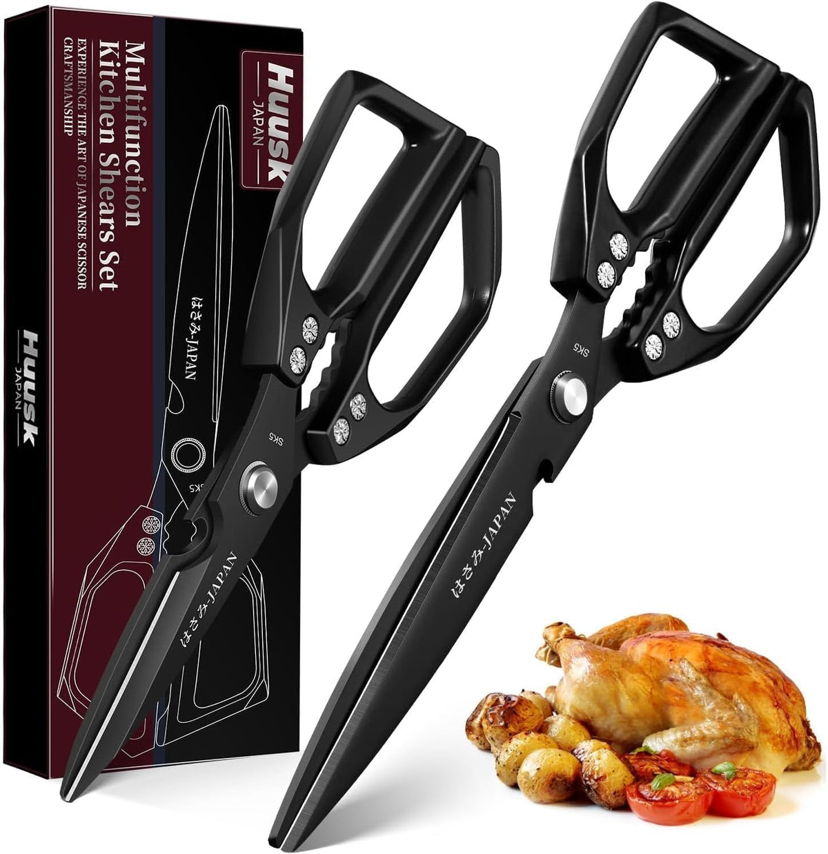 Huusk Kitchen Scissors Japanese Stainless Steel, 2 Pack Kitchen Shears Set