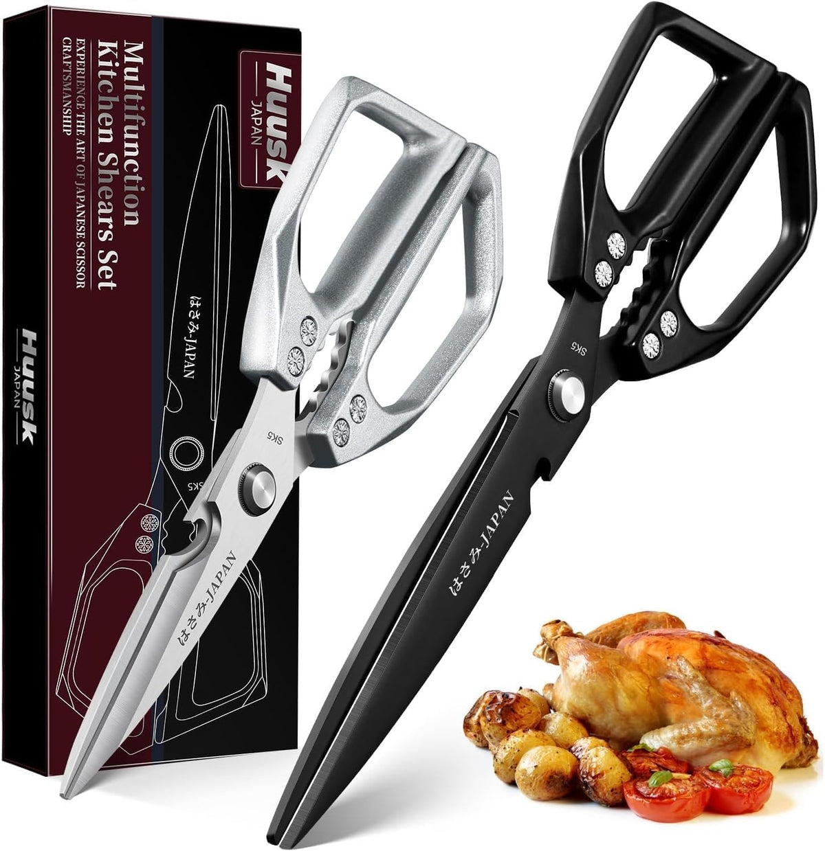 Huusk Kitchen Scissors Japanese Stainless Steel, 2 Pack Kitchen Shears Set