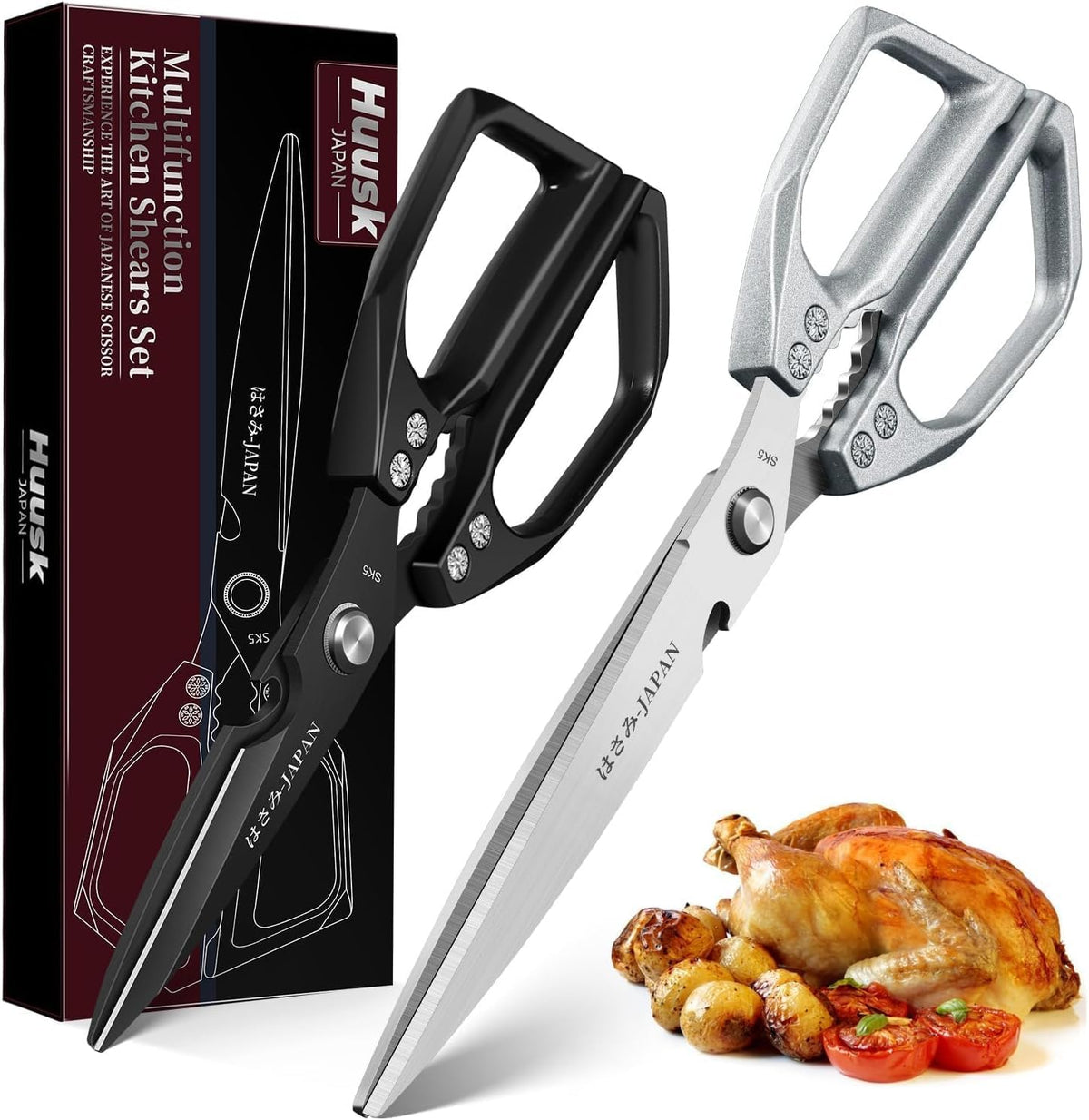 Huusk Kitchen Scissors Japanese Stainless Steel, 2 Pack Kitchen Shears Set