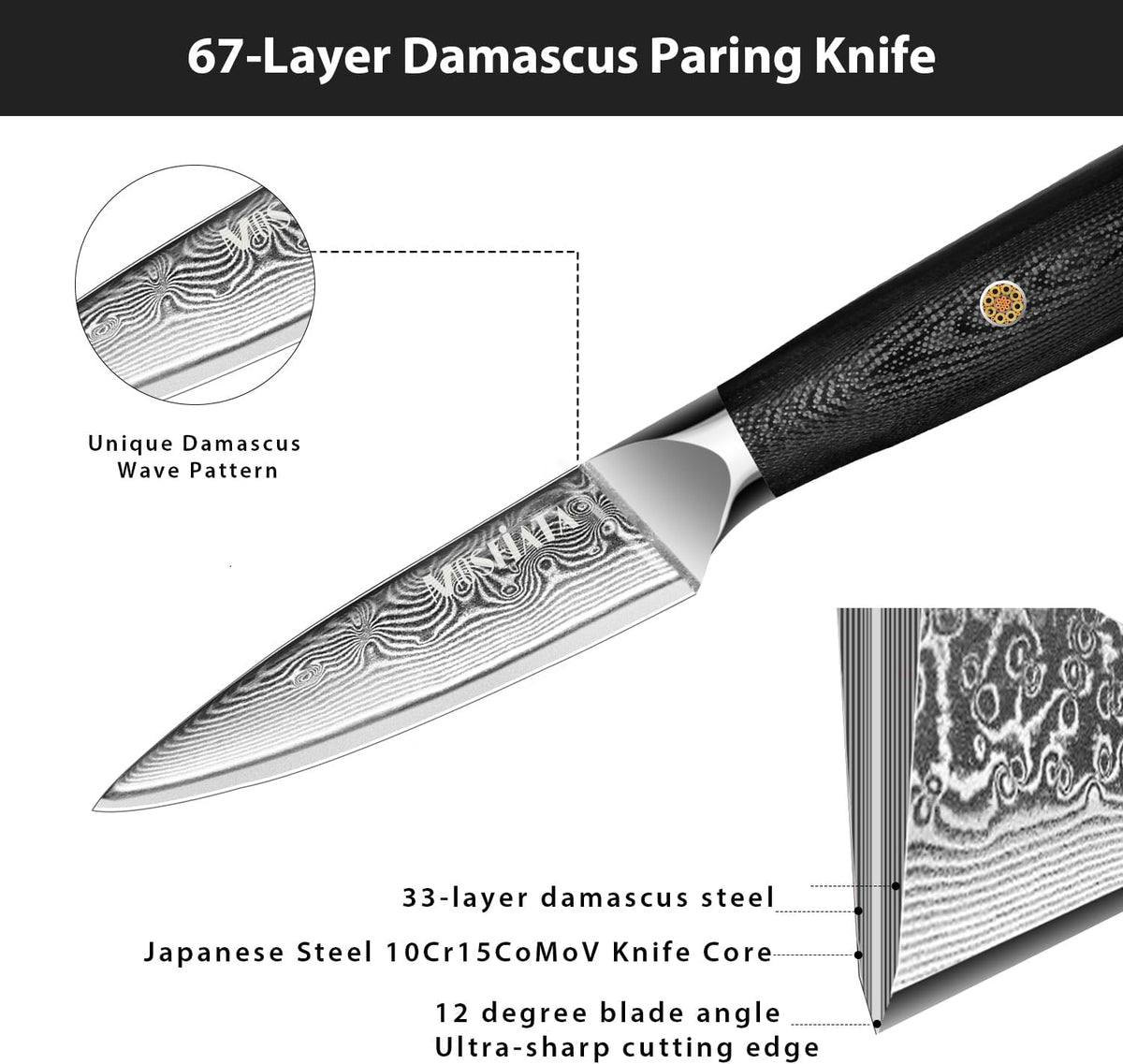 Damascus Fruit Knife 4", Ultra Sharp Paring Knife, 67 Layers Damascus Steel VG10 Core Multipurpose Small Kitchen Knife Professional Peeling Knives, G10 Handle with Rivet Chef Gift