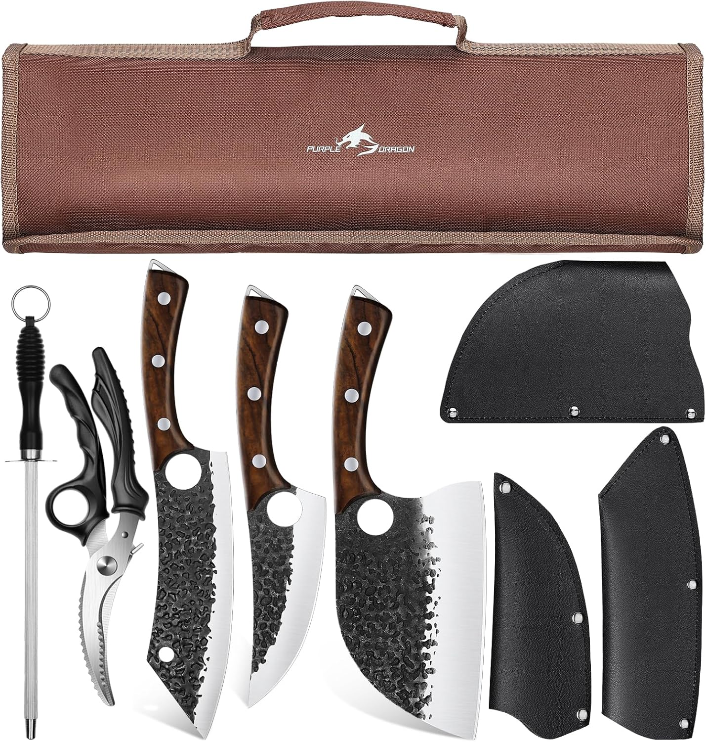 Butcher Knife Set - 9 Pcs Chef Knife Set with Bag | Hand Forged Blade, Wooden Handle, Includes Meat Cleaver Boning Viking, Includes Bag