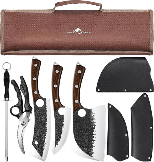 Butcher Knife Set - 9 Pcs Chef Knife Set with Bag | Hand Forged Blade, Wooden Handle, Includes Meat Cleaver Boning Viking, Includes Bag