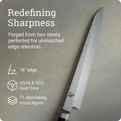 Dual Core 10.5" Yanagiba Knife, Handcrafted Japanese Sashimi Knife, VG10 and VG2 Damascus Steel Blade, Pakkawood Handle, Versatile Japanese Kitchen Tool | Handcrafted Japanese Sashimi Knife, VG10 and VG2 Damascus Steel Blade, Pakkawood Handle