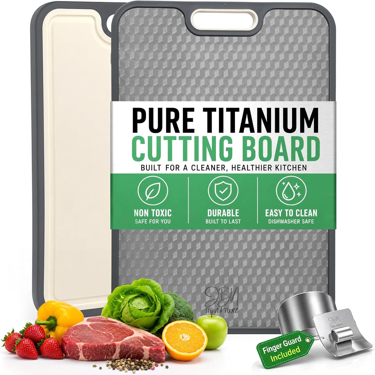 JBN Titanium Cutting Board for Kitchen, Dishwasher Safe, Non Toxic Double Sided Chopping Board with Hexagon Textured Surface, 15 x 10.4 Inch, Stainless Steel Finger Guard Included