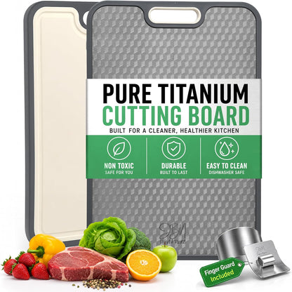 JBN Titanium Cutting Board for Kitchen, Dishwasher Safe, Non Toxic Double Sided Chopping Board with Hexagon Textured Surface, 15 x 10.4 Inch, Stainless Steel Finger Guard Included
