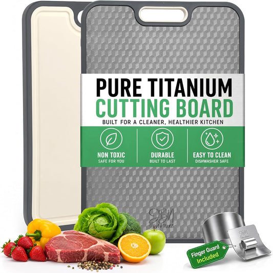 JBN Titanium Cutting Board for Kitchen, Dishwasher Safe, Non Toxic Double Sided Chopping Board with Hexagon Textured Surface, 15 x 10.4 Inch, Stainless Steel Finger Guard Included