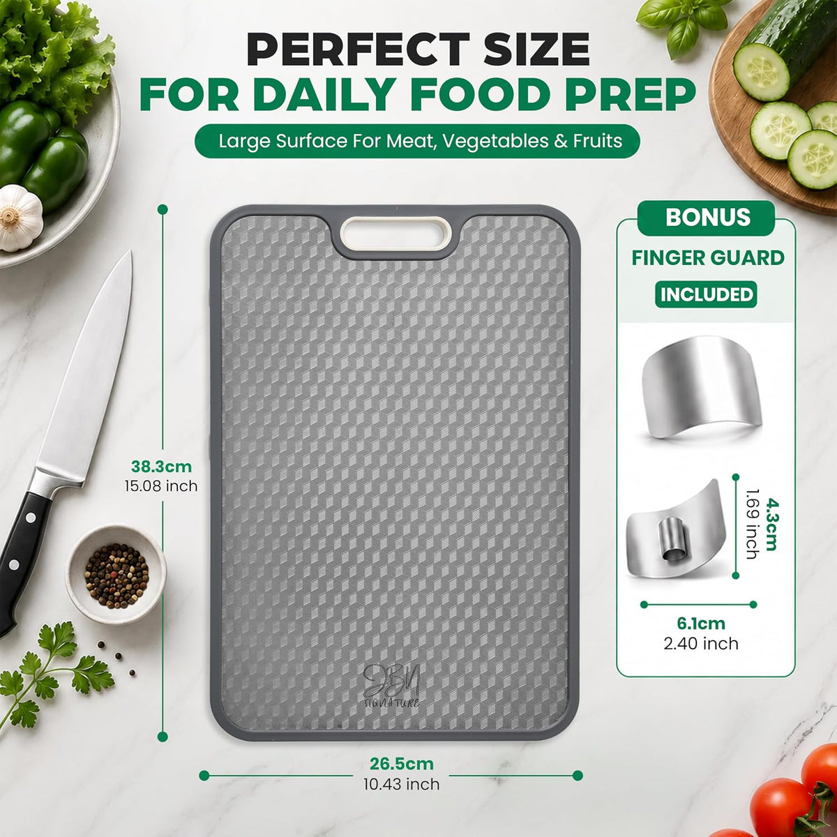 JBN Titanium Cutting Board for Kitchen, Dishwasher Safe, Non Toxic Double Sided Chopping Board with Hexagon Textured Surface, 15 x 10.4 Inch, Stainless Steel Finger Guard Included