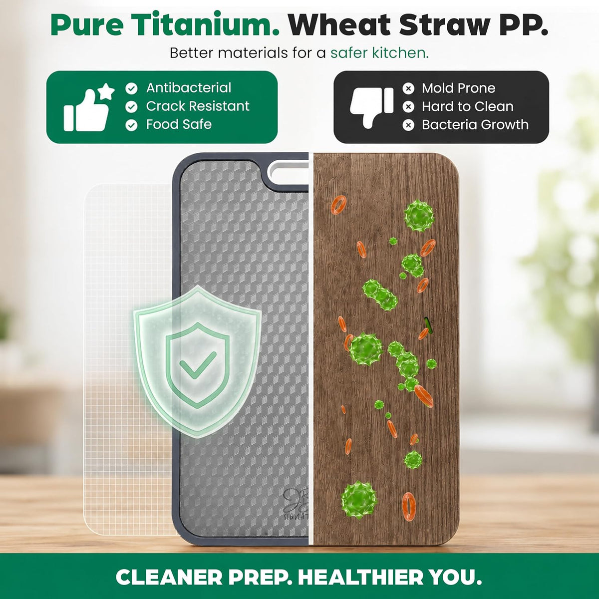 JBN Titanium Cutting Board for Kitchen, Dishwasher Safe, Non Toxic Double Sided Chopping Board with Hexagon Textured Surface, 15 x 10.4 Inch, Stainless Steel Finger Guard Included