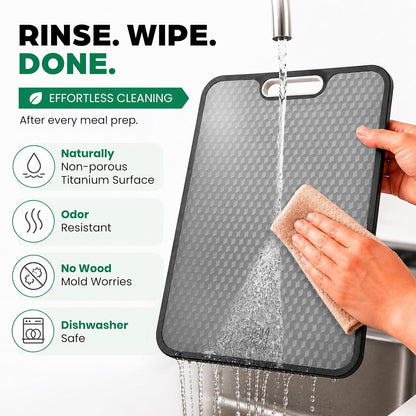 JBN Titanium Cutting Board for Kitchen, Dishwasher Safe, Non Toxic Double Sided Chopping Board with Hexagon Textured Surface, 15 x 10.4 Inch, Stainless Steel Finger Guard Included