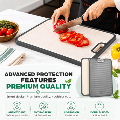 JBN Titanium Cutting Board for Kitchen, Dishwasher Safe, Non Toxic Double Sided Chopping Board with Hexagon Textured Surface, 15 x 10.4 Inch, Stainless Steel Finger Guard Included