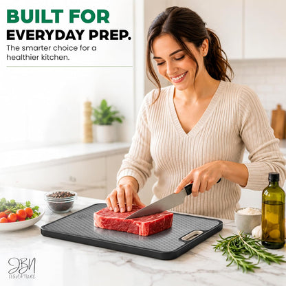 JBN Titanium Cutting Board for Kitchen, Dishwasher Safe, Non Toxic Double Sided Chopping Board with Hexagon Textured Surface, 15 x 10.4 Inch, Stainless Steel Finger Guard Included