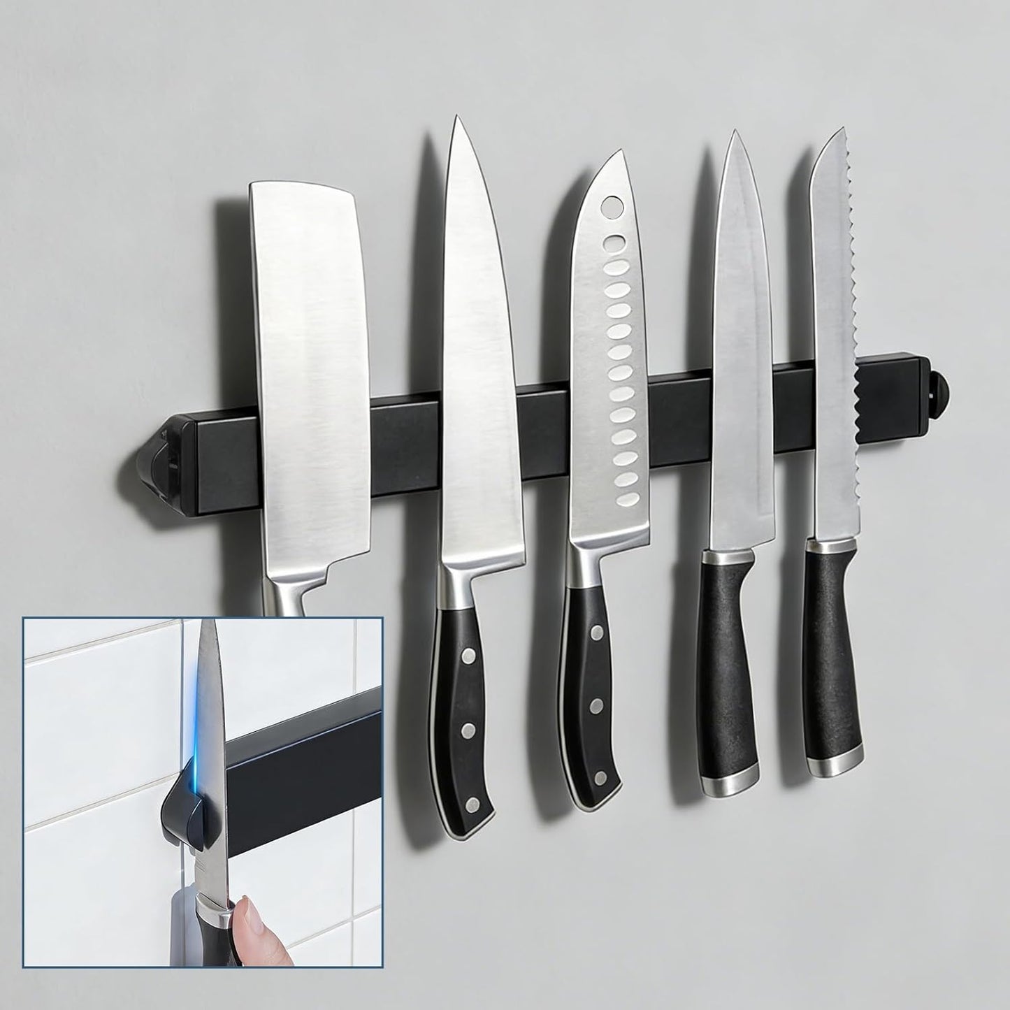 17Inch Magnetic Knife Holder with Built in Sharpener - Magnetic Knife Holder for Wall,Stainless Steel Knife Strip With Powerful Magnetic Pull Force,Used as a Knife Sharpener,Knife Magnetic Strip
