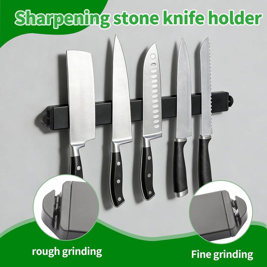 17Inch Magnetic Knife Holder with Built in Sharpener - Magnetic Knife Holder for Wall,Stainless Steel Knife Strip With Powerful Magnetic Pull Force,Used as a Knife Sharpener,Knife Magnetic Strip