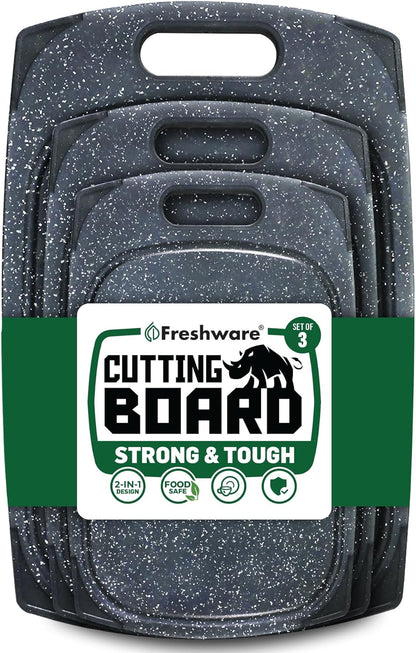 Plastic Cutting Boards for Kitchen, Cutting Board Set of 3, Juice Grooves with Easy Grip Handle, BPA-Free, Dishwasher Safe, Black Marble