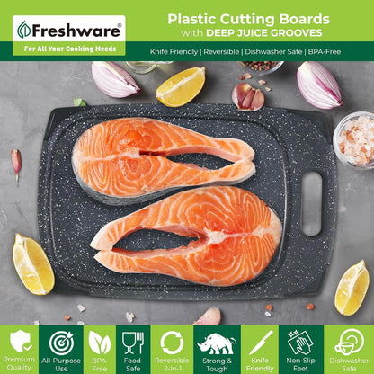 Plastic Cutting Boards for Kitchen, Cutting Board Set of 3, Juice Grooves with Easy Grip Handle, BPA-Free, Dishwasher Safe, Black Marble
