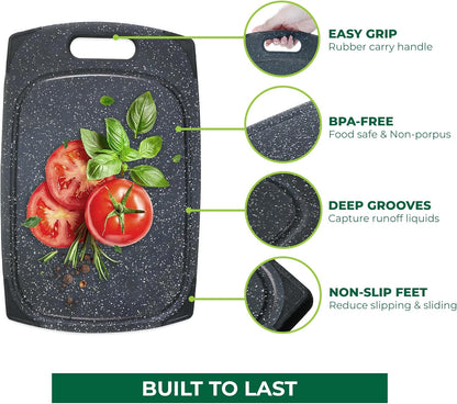 Plastic Cutting Boards for Kitchen, Cutting Board Set of 3, Juice Grooves with Easy Grip Handle, BPA-Free, Dishwasher Safe, Black Marble