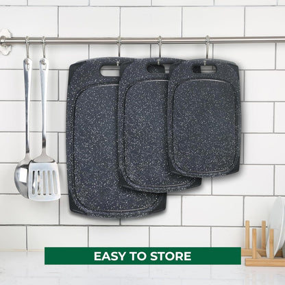 Plastic Cutting Boards for Kitchen, Cutting Board Set of 3, Juice Grooves with Easy Grip Handle, BPA-Free, Dishwasher Safe, Black Marble