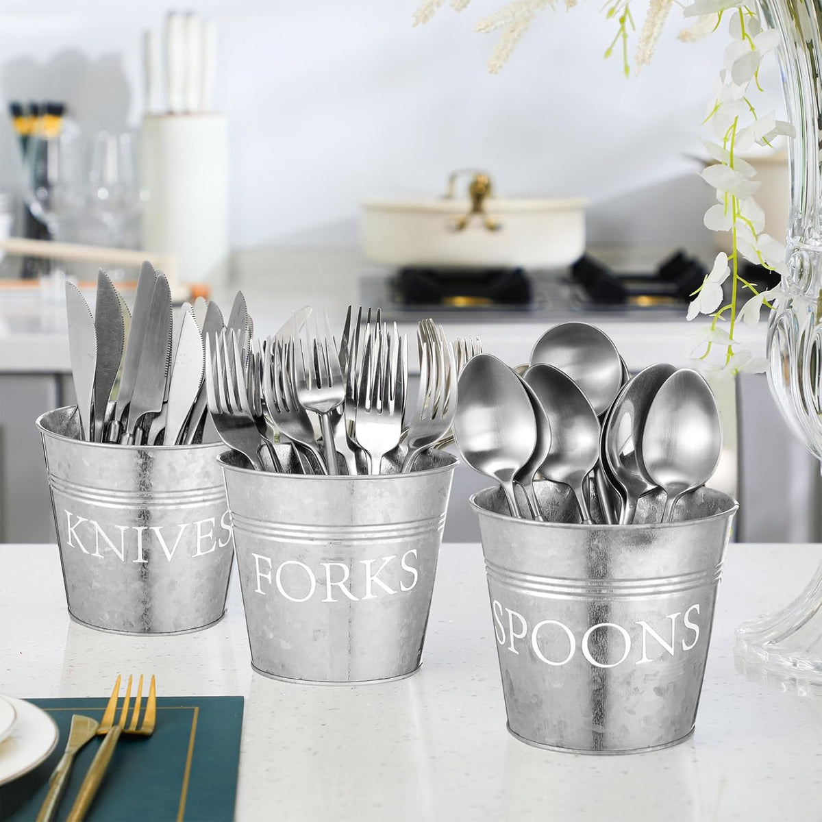 3 Pcs Farmhouse Silverware Holder Countertop Metal Cooking Utensil Caddy Fork Knife and Spoon Cutlery Organizers for Kitchen Counter, Cabinet, Drawer or Pantry