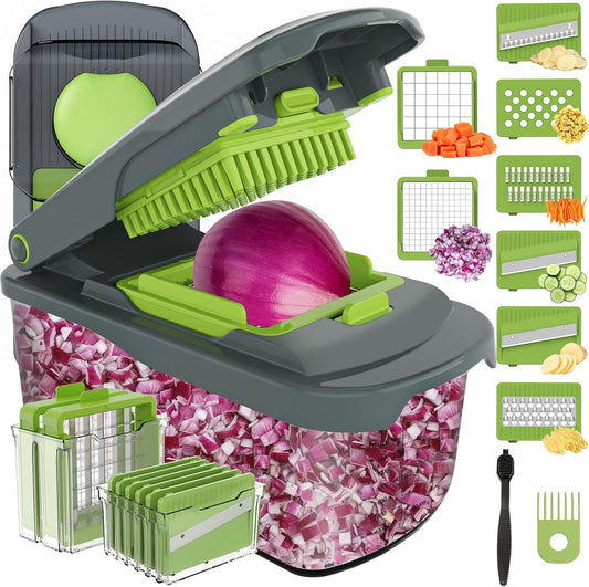 Vegetable Chopper with Container, 8-Blade Onion Chopper & Mandolin Slicer, 2-Lid Food Dicer with Safety Lock, Veggie Shredder Grater for Kitchen Meal Prep, Kitchen Gadgets (8 in 1, Gray)
