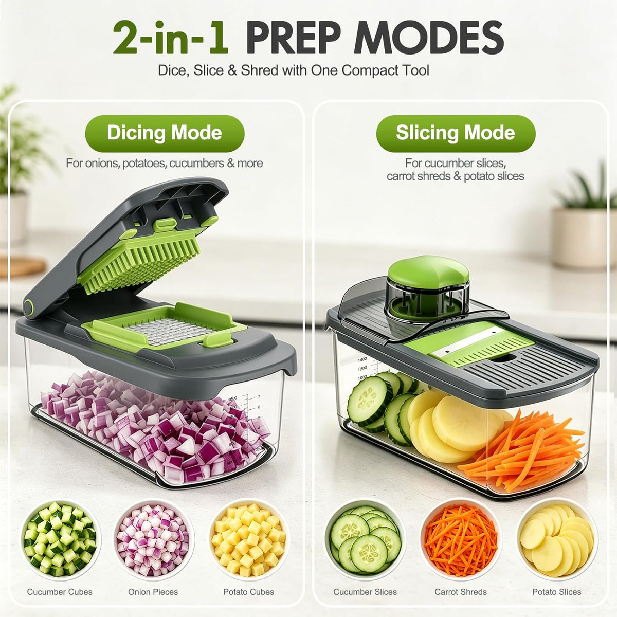 Vegetable Chopper with Container, 8-Blade Onion Chopper & Mandolin Slicer, 2-Lid Food Dicer with Safety Lock, Veggie Shredder Grater for Kitchen Meal Prep, Kitchen Gadgets (8 in 1, Gray)